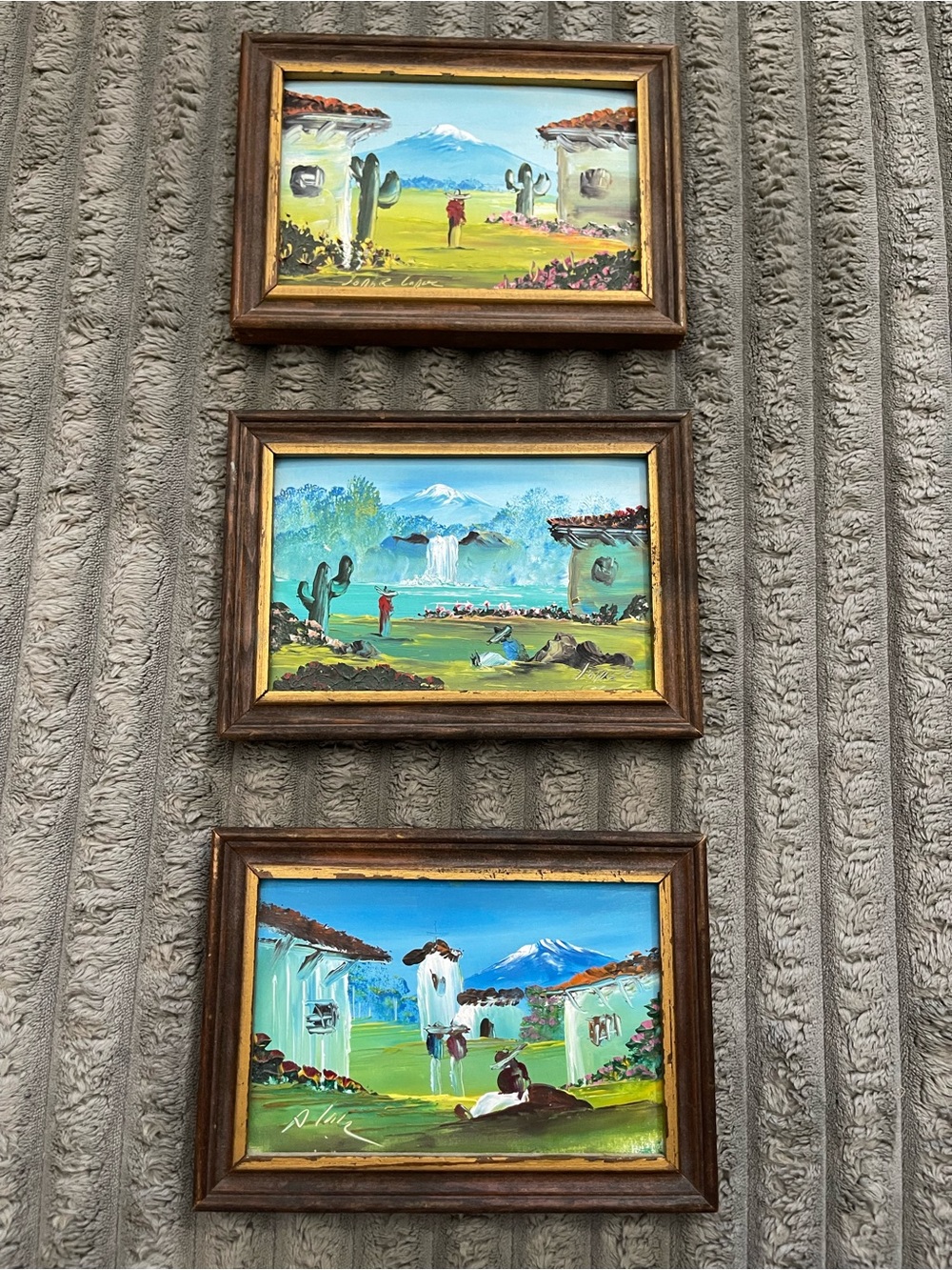 Framed Trio of Village Landscape Finger Paintings by Antonio Lopez Avila